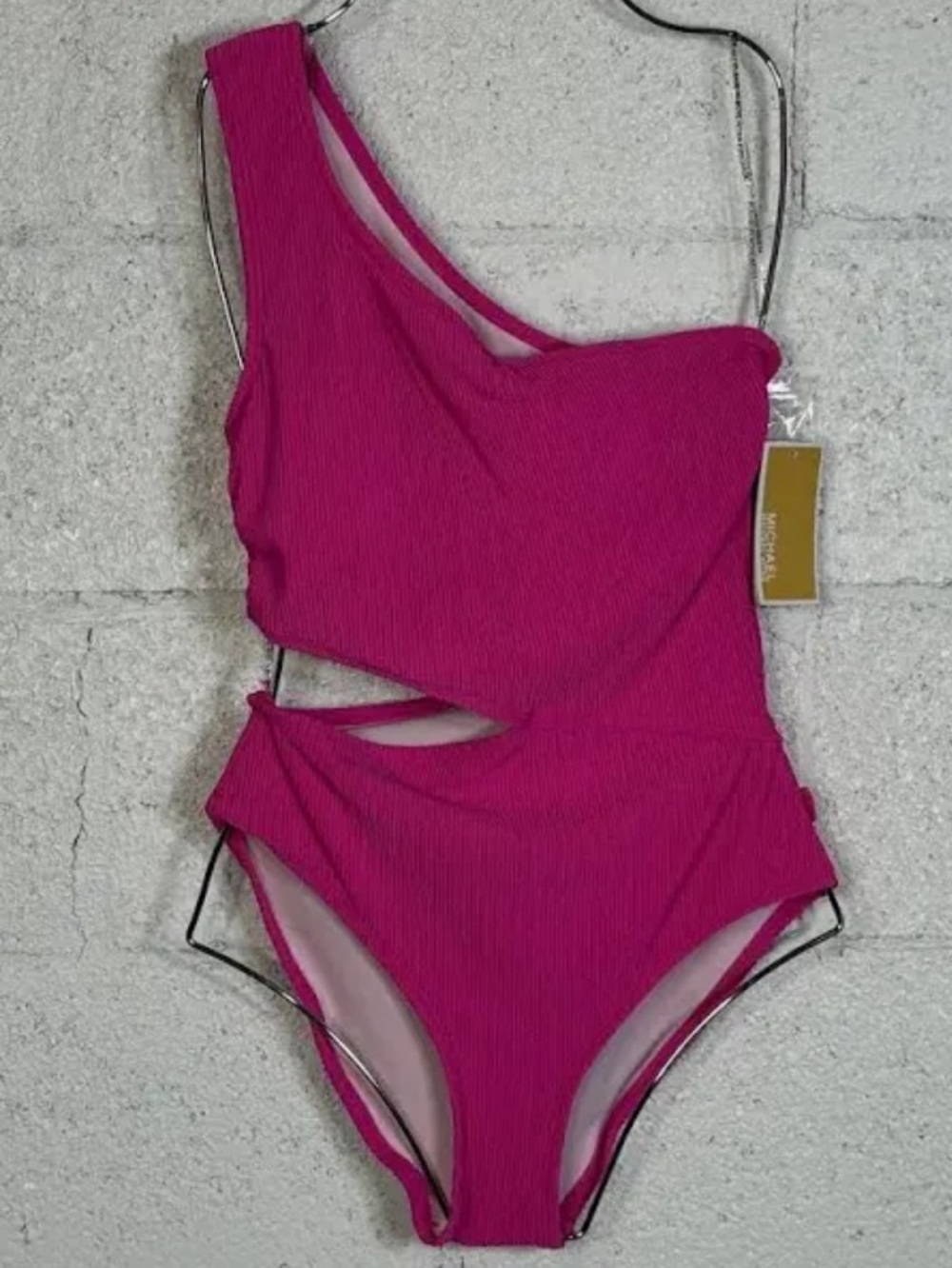 🚘 🆕 Michael Kors Cerise Textured One-Shoulder side cutouts Swimsuit Monokini 10